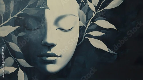 Serene Face with Leaves: A Tranquil and Peaceful Artwork photo