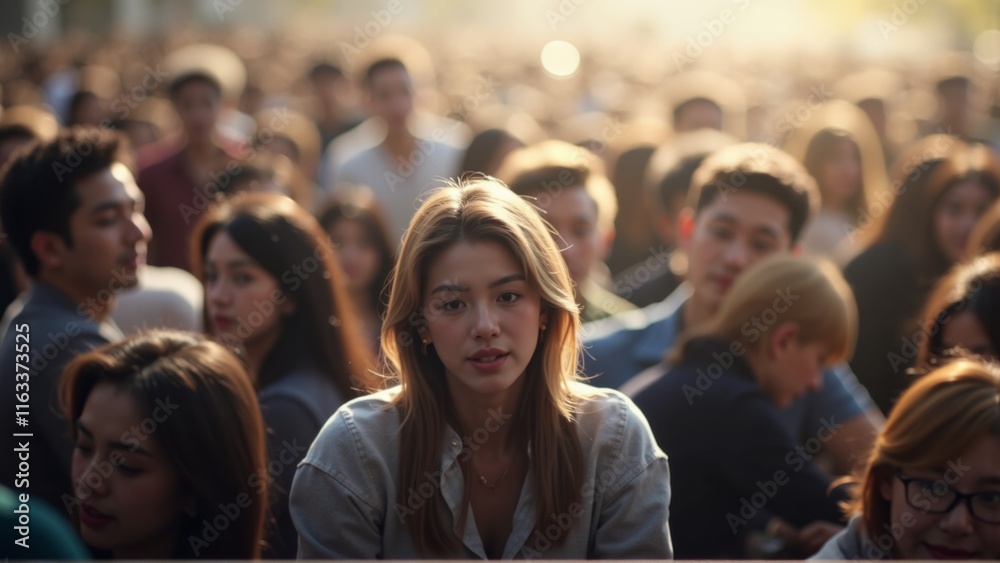 Obraz premium Crowd of people with one highlighted individual standing out, symbolizing the importance of individuality and standing tall amidst a sea of similarities.