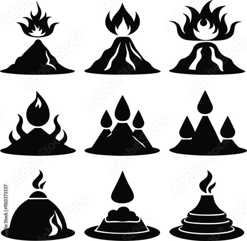 set of 9 consistent volcano fire diffuser black silhouette vector