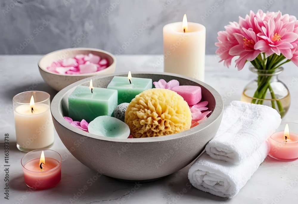 A spa set up with a stone bowl, handmade soap, sea sponge, towel, candle, and flower petals A spa set up with a stone bowl, handmade soap, sea sponge, towel, candle, and flower petals