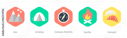 A set of 5 mix icons as hills, camping, compass direction