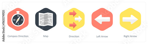 A set of 5 mix icons as compass direction, map, direction