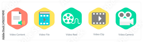 A set of 5 mix icons as video content, video file, video reel