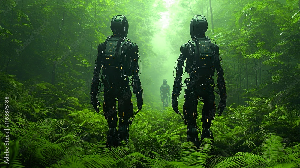 Fototapeta premium A cybernetic rainforest where biomechanical flora and fauna merge with pulsating neon foliage,