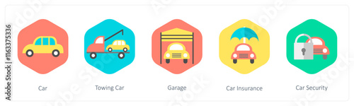 A set of 5 mix icons as car, towing car, garage