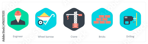 A set of 5 mix icons as engineer, wheel barrow, crane