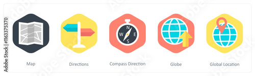 A set of 5 mix icons as map, directions, compass direction