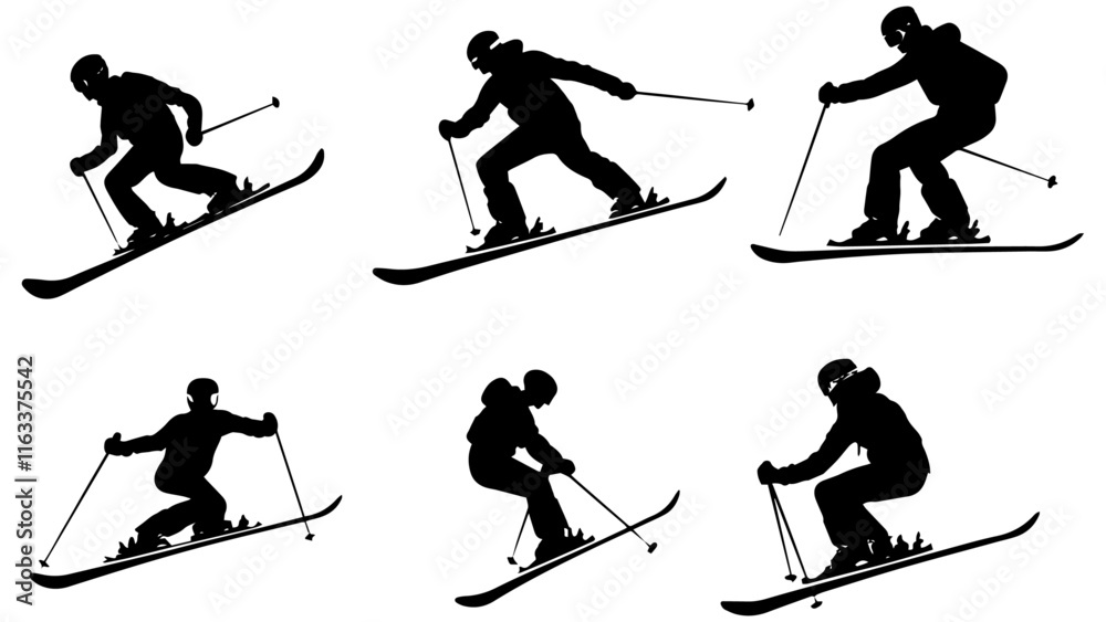 Fototapeta premium Dynamic Skiing Silhouettes of Athletes in Motion on Slopes