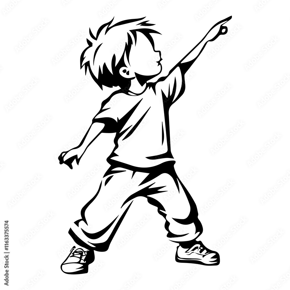Energetic Boy Pointing Silhouette, Black and White Vector Illustration Energetic Boy Pointing Silhouette, Black and White Vector Illustration