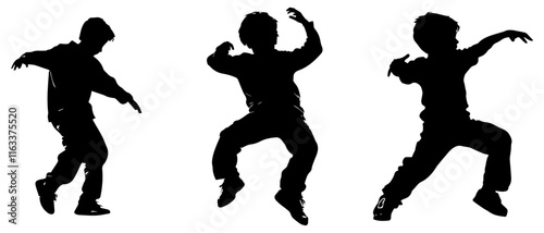 Dynamic Dancing Kids Silhouette Set, Black and White Vector Art