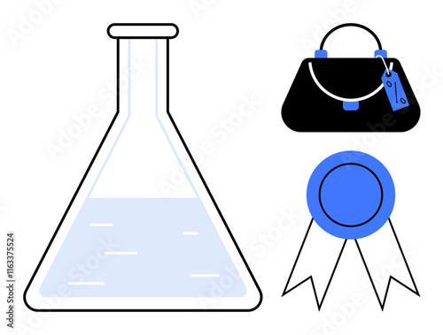 Laboratory flask containing liquid, stylish handbag with tag, and ribbon award icon. Ideal for science, fashion, retail, achievement, research branding and quality themes. Abstract line flat