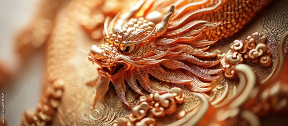 Close-up of an ornate golden dragon statue, detailed scales and intricate carvings. Close-up of an ornate golden dragon statue, detailed scales and intricate carvings.
