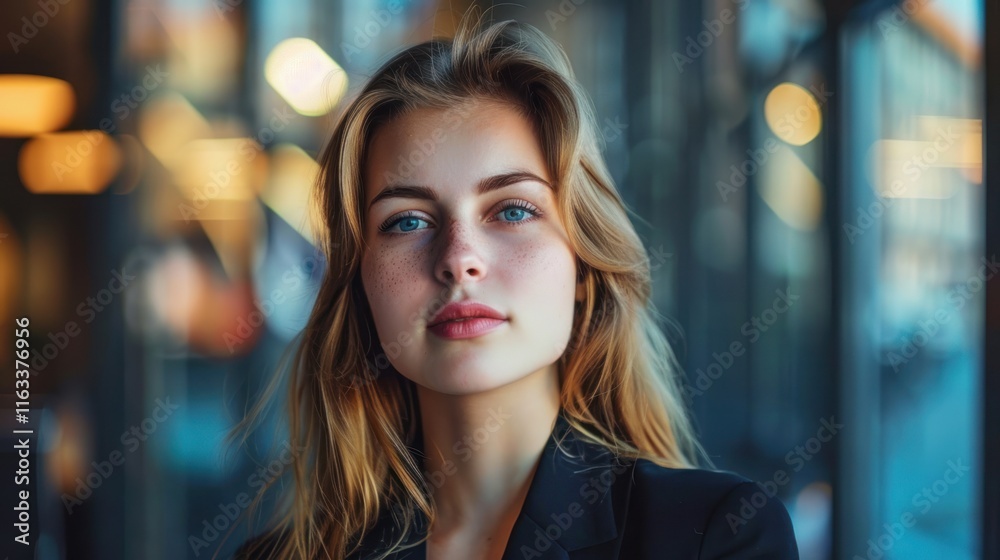 Fototapeta premium Portrait of modern businesswoman wearing suit, AI generated image