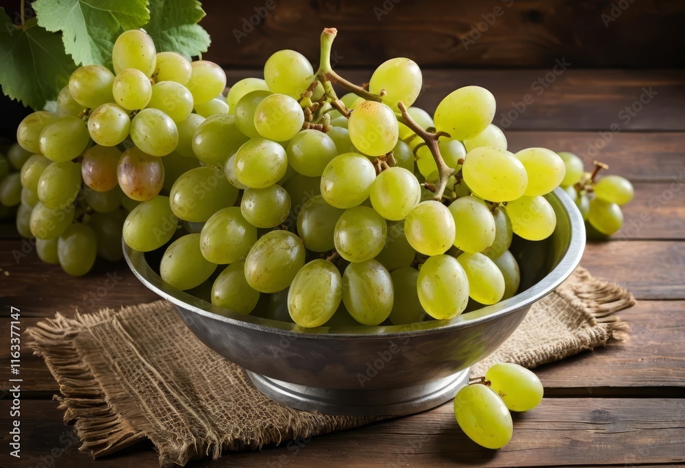 A bowl filled with green grapes on a wooden table with a blurred background of a farm A bowl filled with green grapes on a wooden table with a blurred background of a farm