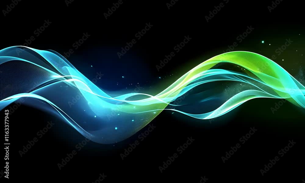 Abstract blue and green wave with sparkles on black background.