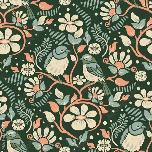 Geometric Warbler pattern vintage style and hand draw line