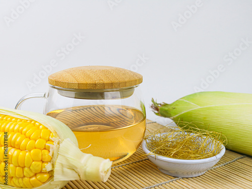 Corn hair boiled water in a glass, has the benefit of lowering blood pressure, high cholesterol and arthritis photo