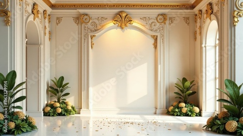 Elegant Room with Gold Accents and Ornate Millwork Featuring a Sunlit Wall and Lush Greenery