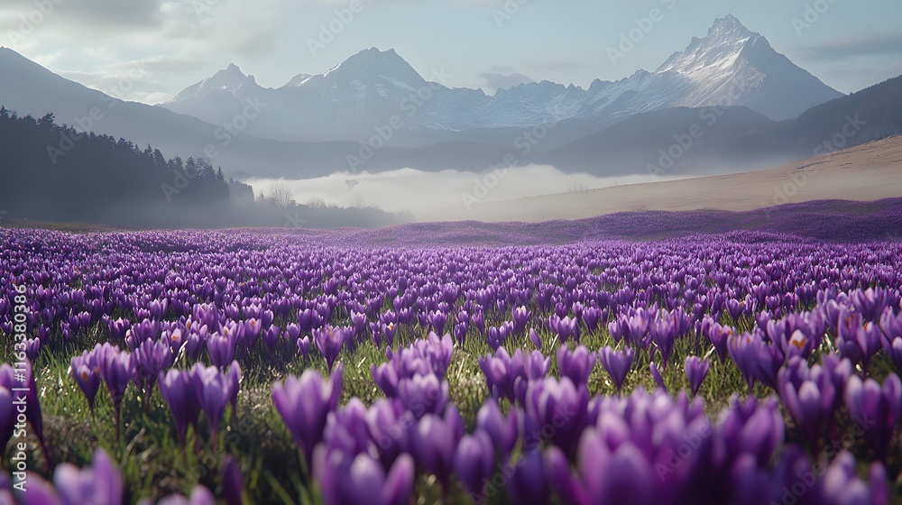 Fototapeta premium Purple Crocus Field Before Majestic Mountain Range