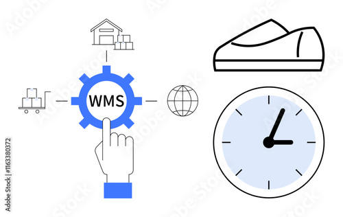 Finger touches WMS gear surrounded by warehouse, globe, cart, shoe, and clock icons. Ideal for logistics, inventory control, e-commerce, global shipping, supply chain, operational efficiency, retail