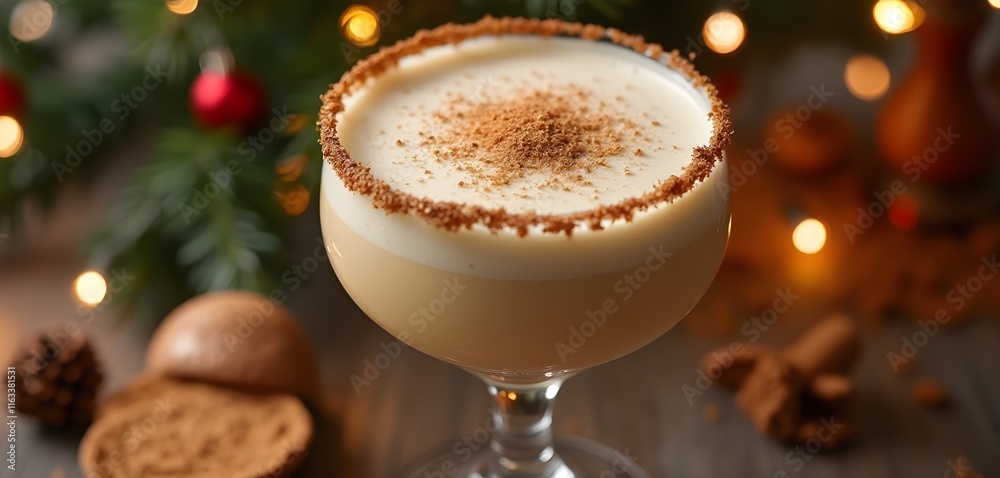 Festive Coquito Cocktail with Nutmeg and Cinnamon in Elegant Glass Festive Coquito Cocktail with Nutmeg and Cinnamon in Elegant Glass