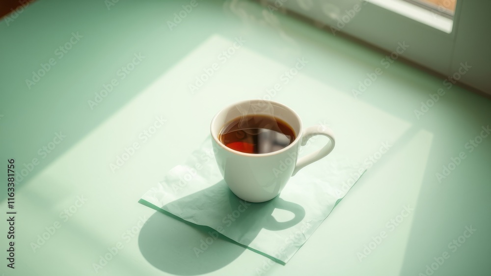 Aromatic Steam Rising from a Warm Beverage in a White Mug on a Pale Green Surface Aromatic Steam Rising from a Warm Beverage in a White Mug on a Pale Green Surface