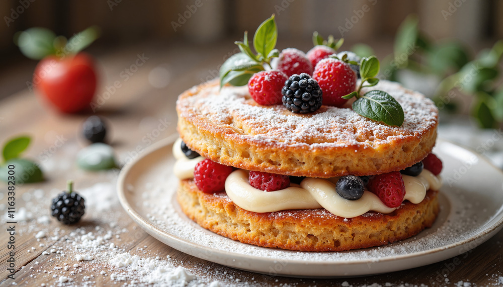 Rustic berry cake with fresh cream and powdered sugar topping Rustic berry cake with fresh cream and powdered sugar topping