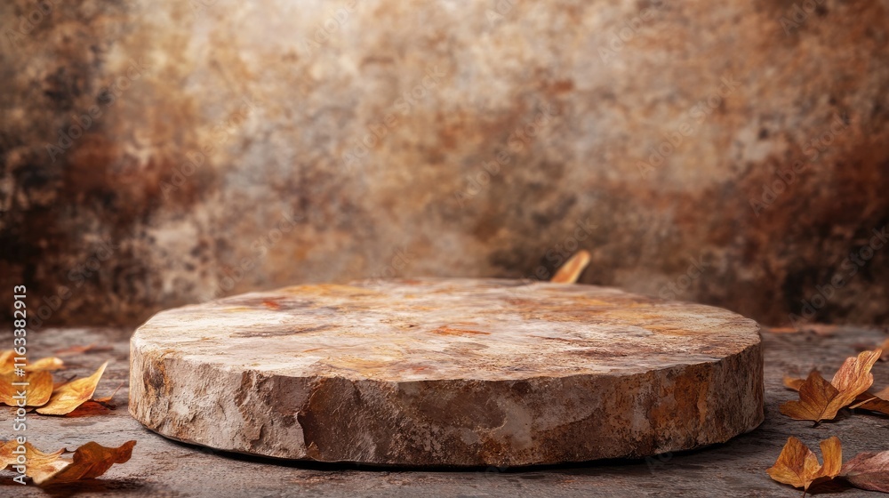 Fototapeta premium A rustic stone surface surrounded by dried leaves, ideal for food presentation.