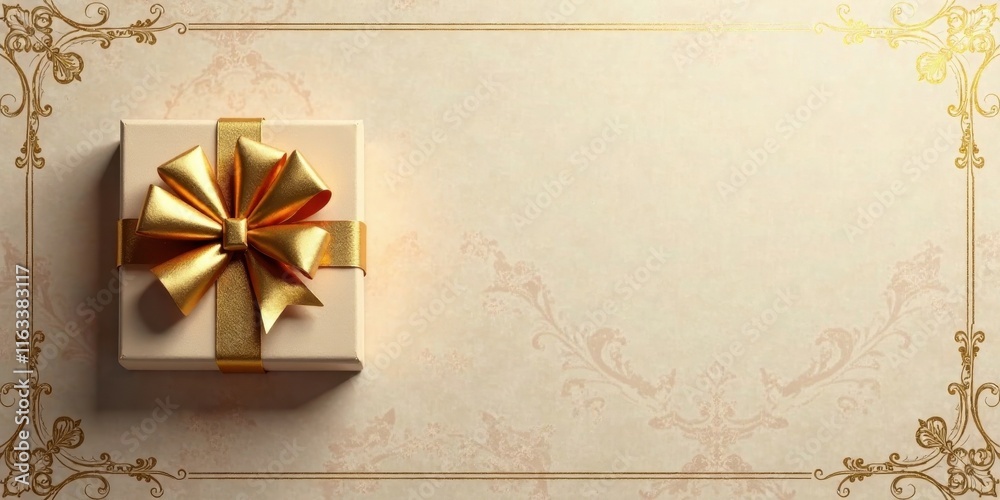 A Beige Gift Box with a Golden Bow on an Elegant Background A Beige Gift Box with a Golden Bow on an Elegant Background