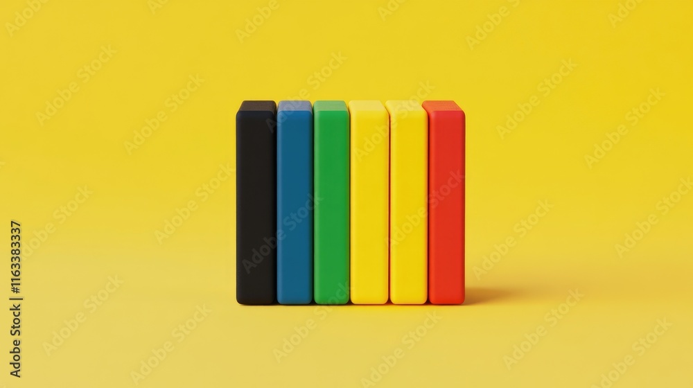 Colorful Vertical Blocks Against Vibrant Yellow Background in Minimalist Geometric Arrangement Colorful Vertical Blocks Against Vibrant Yellow Background in Minimalist Geometric Arrangement