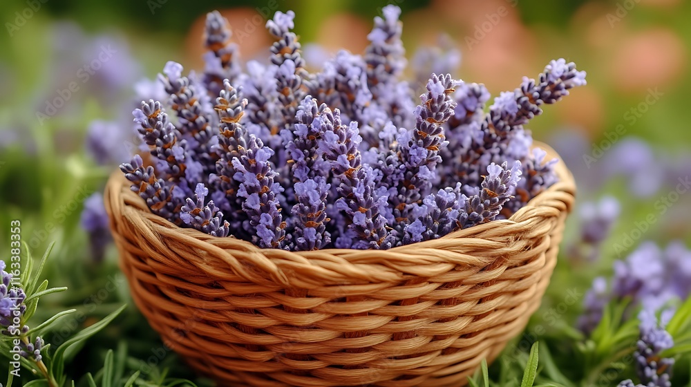 Fototapeta premium Lavender blossoms nestled in a wicker basket
