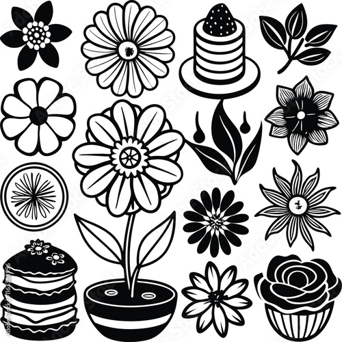 set consistent line art flowers petal pa silhouette vector 