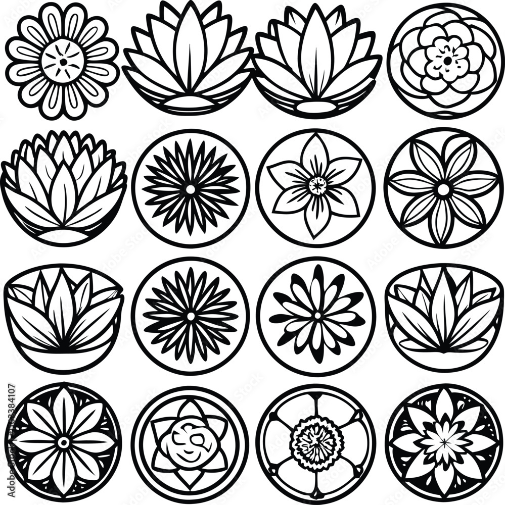 set consistent line art flowers petal plat silhouette vector