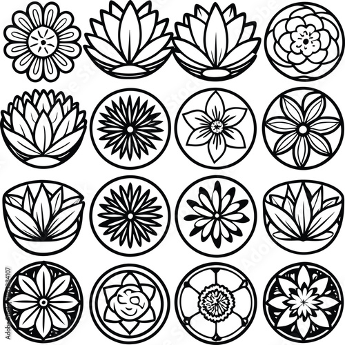 set consistent line art flowers petal plat silhouette vector