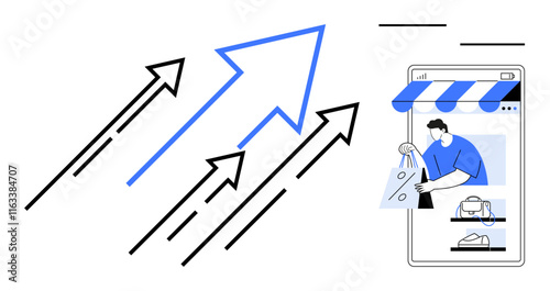 Arrows pointing upwards next to a mobile device showcasing a person shopping online. Ideal for business growth, digital marketing, mobile commerce, online shopping, sales trends, market expansion