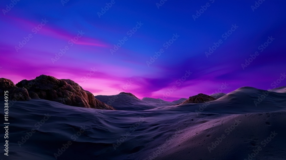 Naklejka premium Serene Desert Landscape Under a Vibrant Sky with Purple and Blue Hues at Dusk Featuring Rocky Formations and Smooth Sand Dunes for Nature Lovers