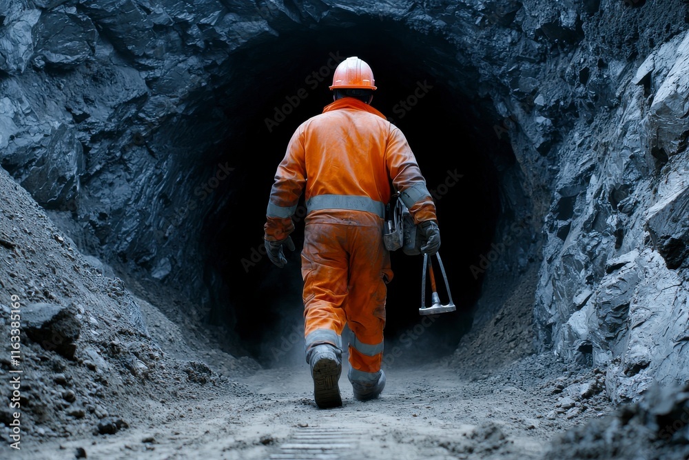 A miner in bright safety gear walking confidently into a dark tunnel, showcasing the importance of safety attire and the challenges of underground mining environments. A miner in bright safety gear walking confidently into a dark tunnel, showcasing the importance of safety attire and the challenges of underground mining environments.