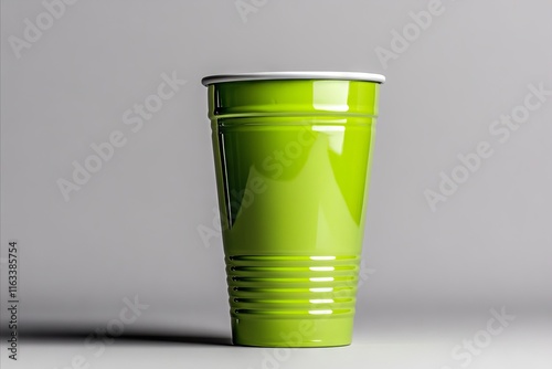 A green plastic cup sitting on top of a table photo