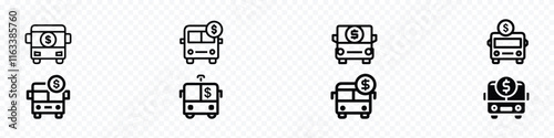 Bus with dollar sign, Bus rental icon set, Sale bus or Hire bus icon, Bus service icon set