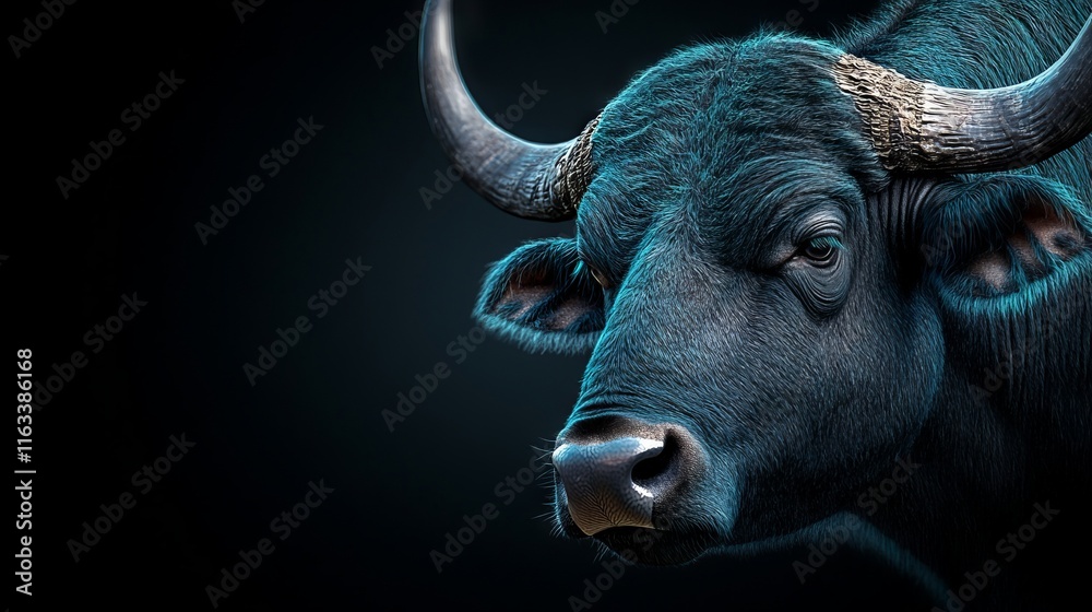 Naklejka premium A close up of a bull's head with horns on a black background