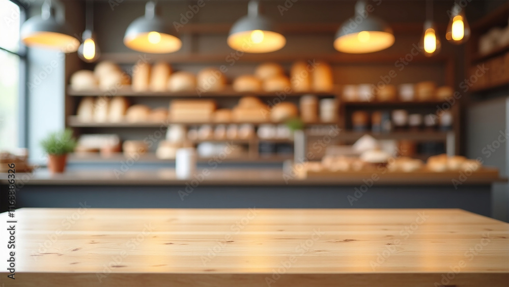 Wooden Tabletop in Modern Bakery with Soft Bokeh and Warm Lighting. Generative AI Wooden Tabletop in Modern Bakery with Soft Bokeh and Warm Lighting. Generative AI