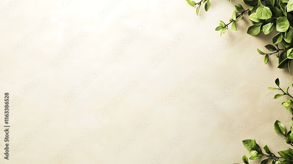 Green Leaves Frame Beige Background Minimalist Design Green Leaves Frame Beige Background Minimalist Design