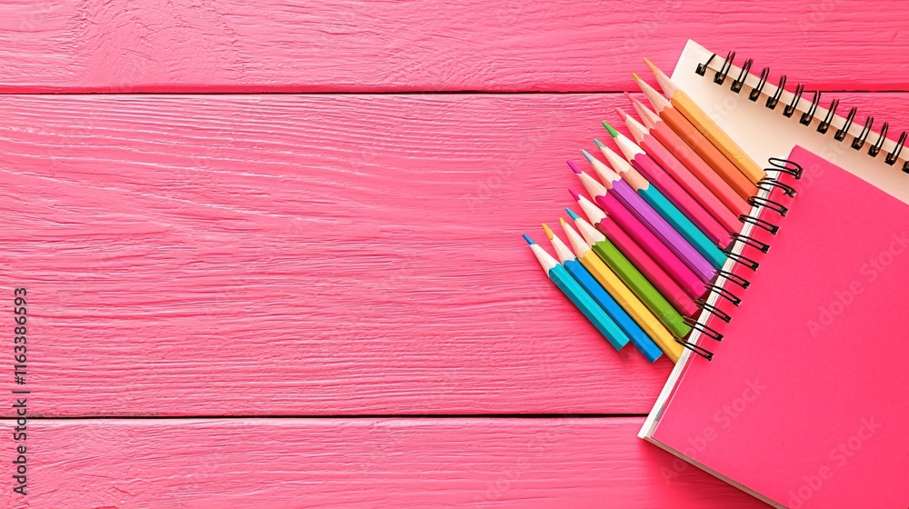 Obraz premium Colorful pencils and notebooks on pink wood.