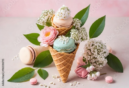 A waffle cone filled with flowers and macarons in pastel colors photo