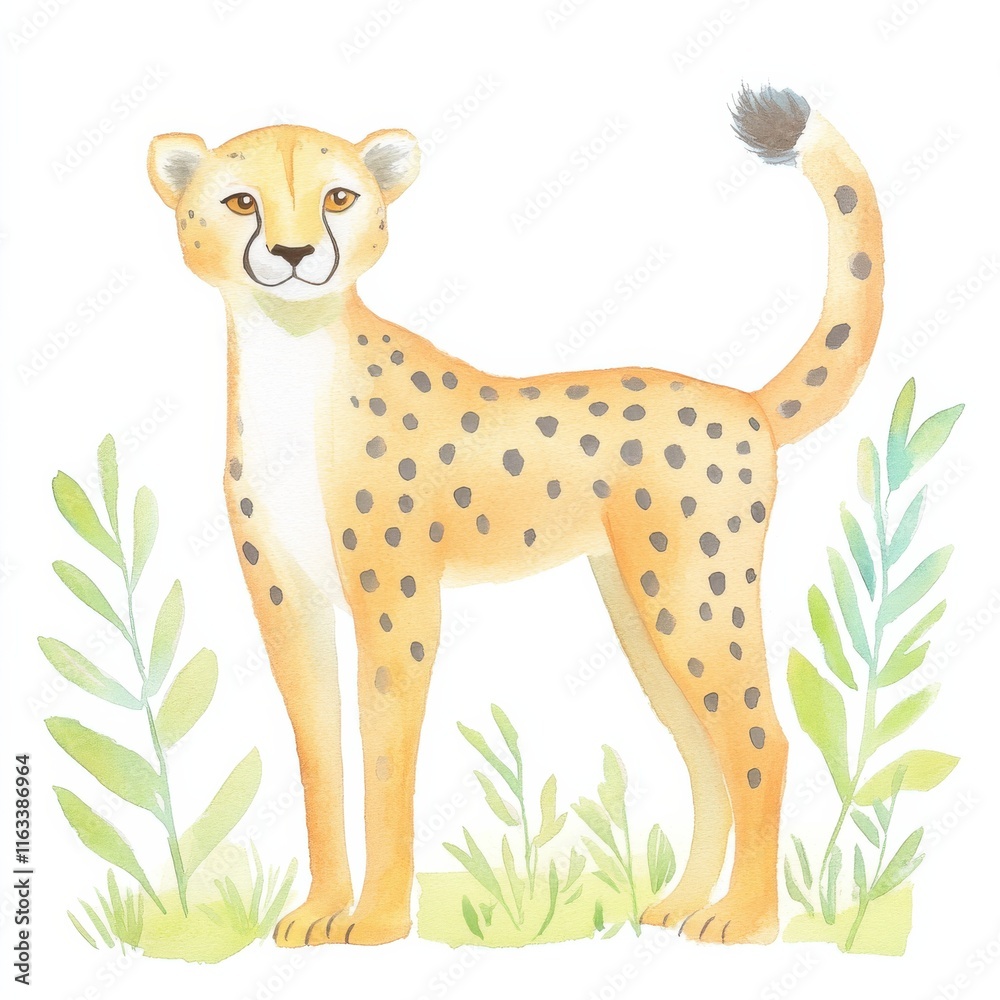 Fototapeta premium Animal safari Concept. A cute, illustrated cheetah standing in greenery, showcasing its distinctive spots and playful expression. watercolor style, isolated on white background