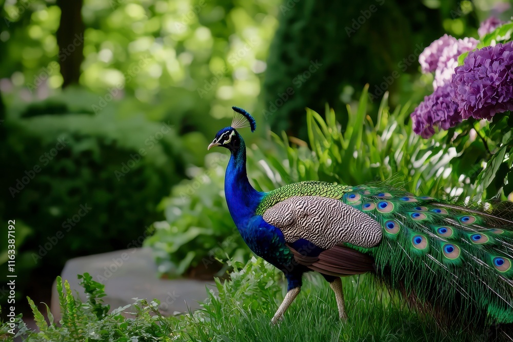 Obraz premium Majestic Peacock Walking Gracefully Through a Lush Garden Surrounded by Vibrant Greenery and Colorful Flowers in Natural Light