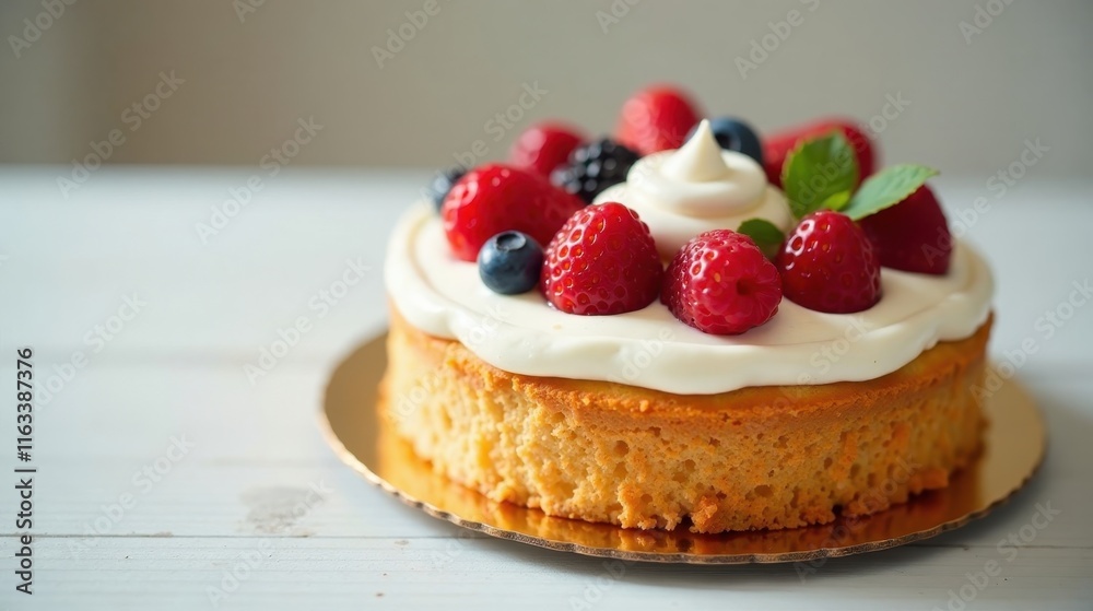 A delectable round cake, adorned with a creamy frosting and a vibrant medley of fresh berries, sits elegantly on a gold-toned cake base, ready to be enjoyed. A delectable round cake, adorned with a creamy frosting and a vibrant medley of fresh berries, sits elegantly on a gold-toned cake base, ready to be enjoyed.