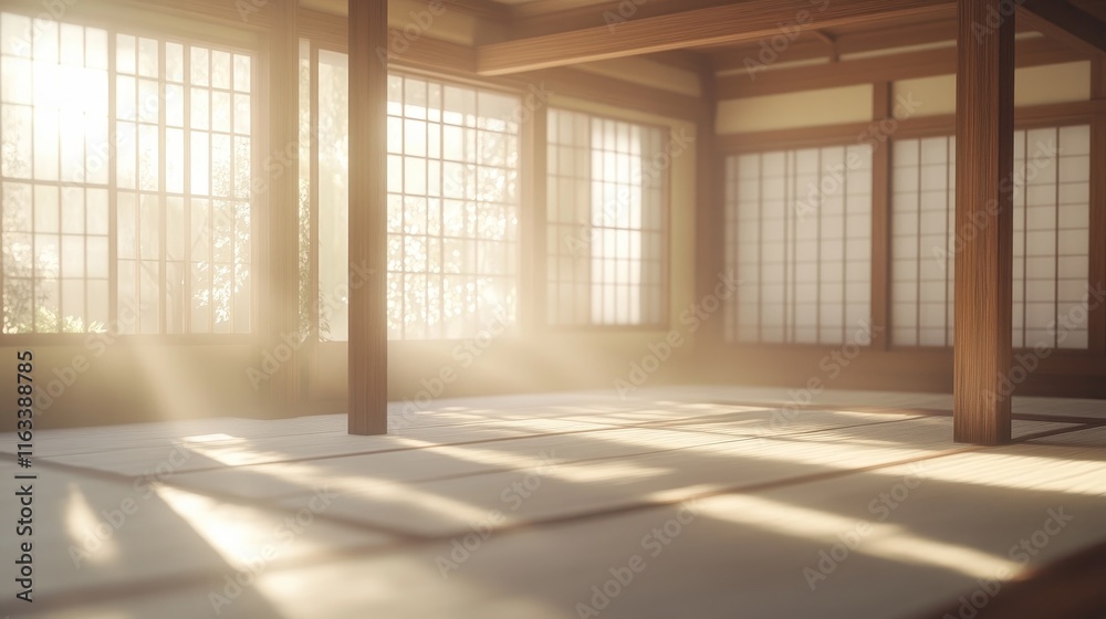 Fototapeta premium A serene, sunlit interior of a traditional Japanese-style room with wooden beams and shoji screens.