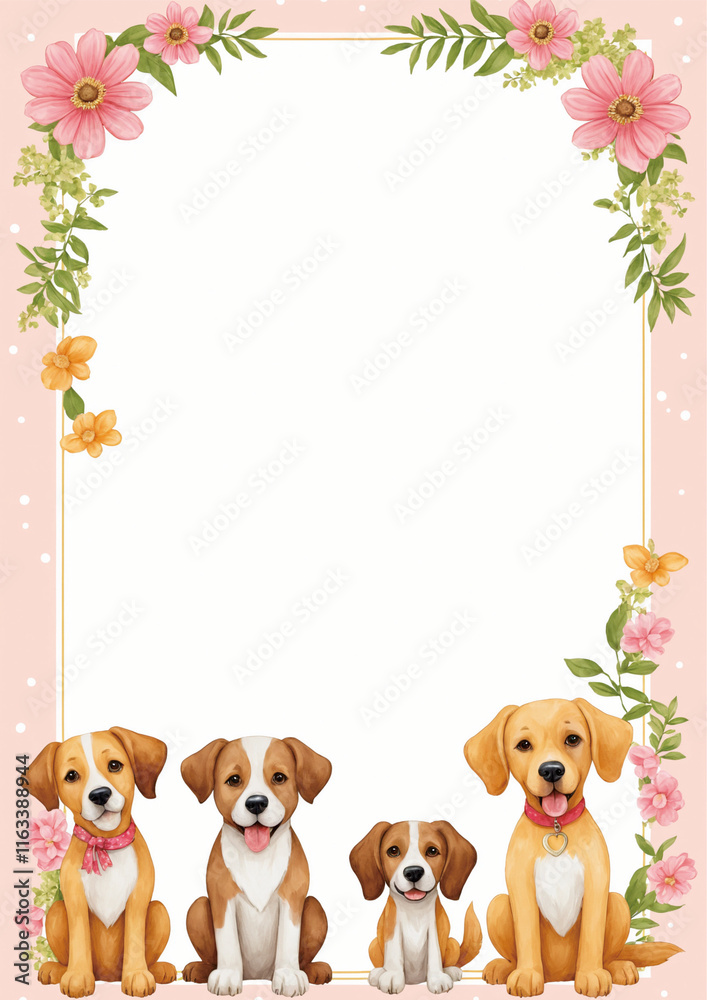 Charming Doggy Border: A delightful illustration of four adorable dogs, each with a unique personality, sitting on a pink background with floral border. Charming Doggy Border: A delightful illustration of four adorable dogs, each with a unique personality, sitting on a pink background with floral border.