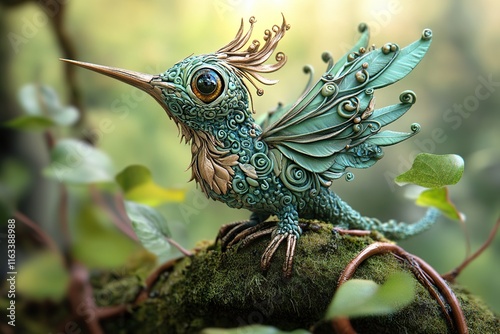 Ornate Hummingbird Sculpture Perched on Mossy Rock photo